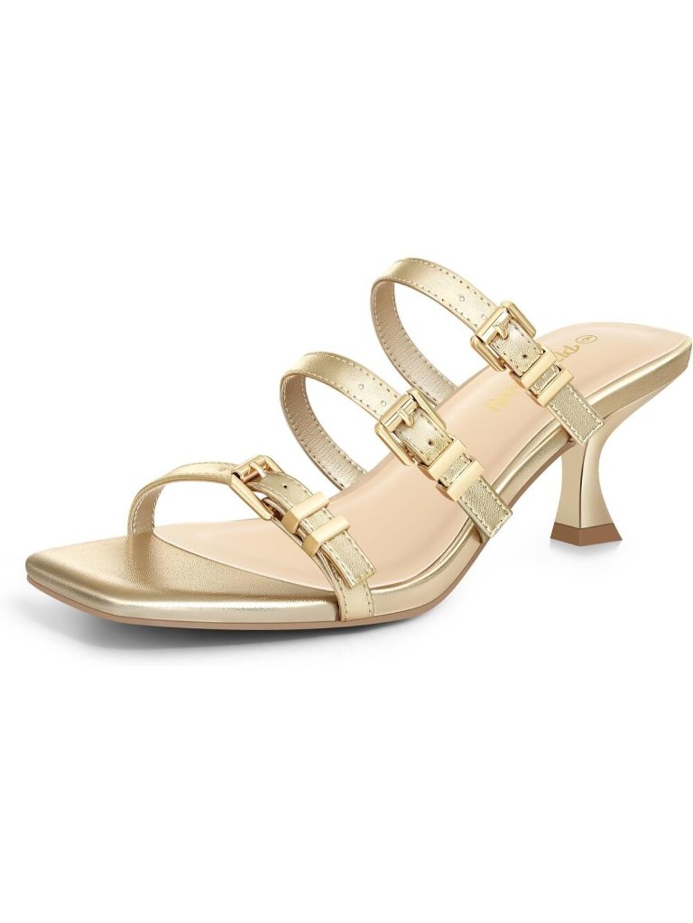 Women's Gold Liora Kitten Heels Square Open Toe Low Heeled Sandals Comfortable